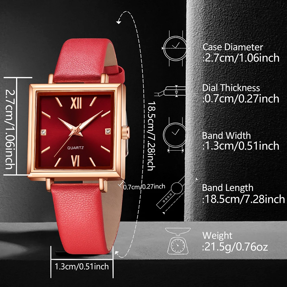 Luxury Red Six Piece Set Square Head Quartz Watch Red Square Diamond Jewelry Set Women\'s Watch Accessory Set