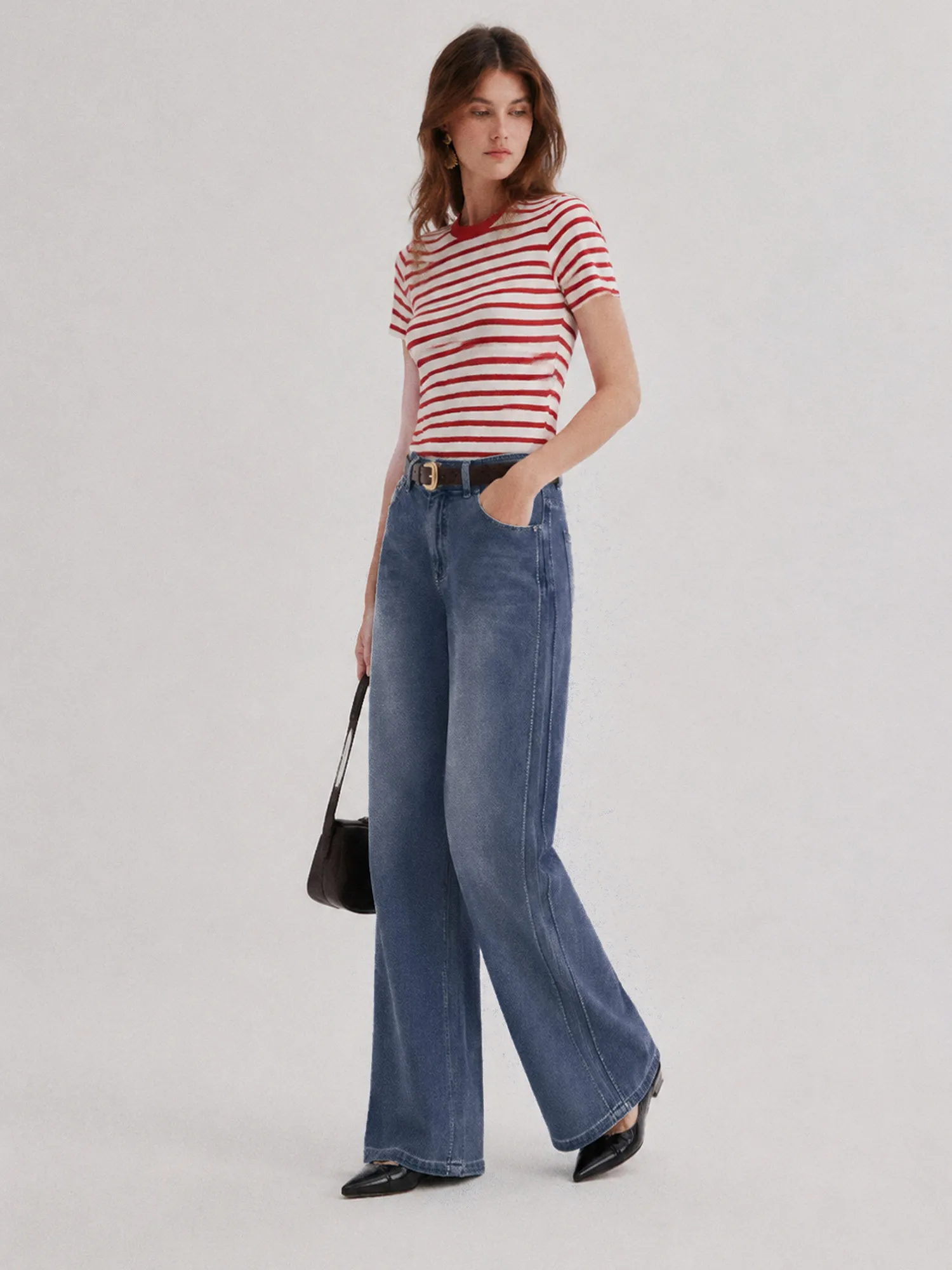 Comfortable Elastic Plaid Cotton Washed Jeans mid High Waist Straight Leg Wide Casual Long Pants Spring Summer Autumn Winter