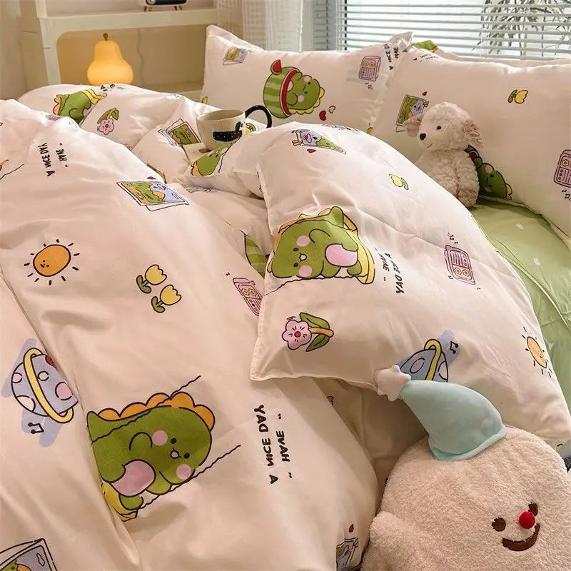 Cute Dinosaur Duvet Cover Set Flat Sheet Pillowcase No Filler Boys Girls Twin Full Queen Size Home Textile Fashion Bed Linens