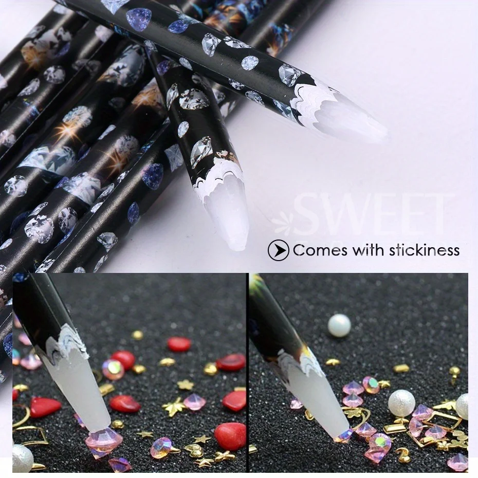 5pcs Rhinestone Picker ปากกาเล็บ Professional WAX ดินสอ Dotting ปากกาอัญมณีเจาะคริสตัลเพชรเครื่องมืออุปกรณ์แต่งเล็บ
