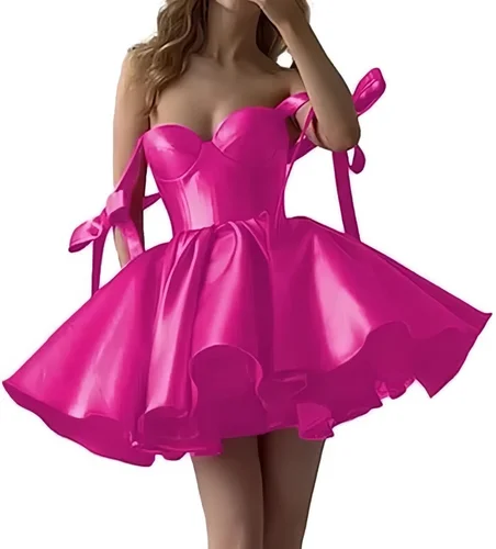 Mini vestidos de fiesta de satén con escote en forma de corazón para adolescentes, vestido de fiesta corto con tirantes finos y lazo, vestido de cóctel hinchado con bolsillos