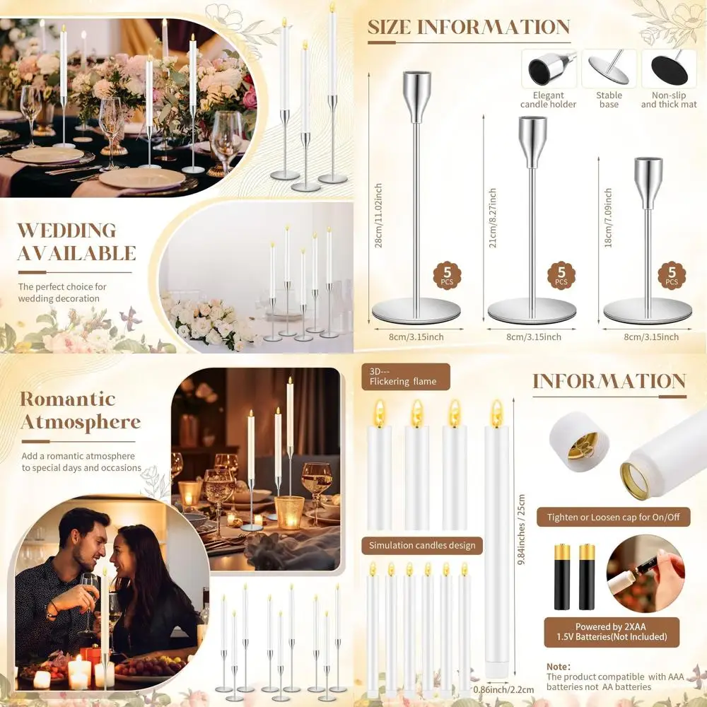 

Набор из 30 серебряных подсвечников с LED-свечами - 15 металлических подсвечников и 15 светодиодных свечей на батарейках для свадеб, торжеств