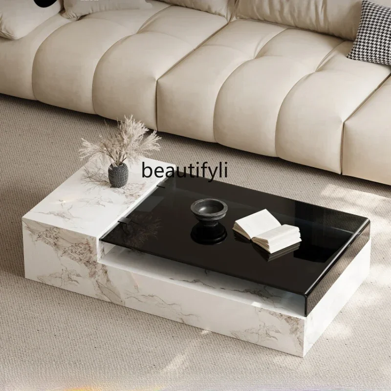 

Modern simple rectangular glass coffee table living room household Italian rock slab coffee table