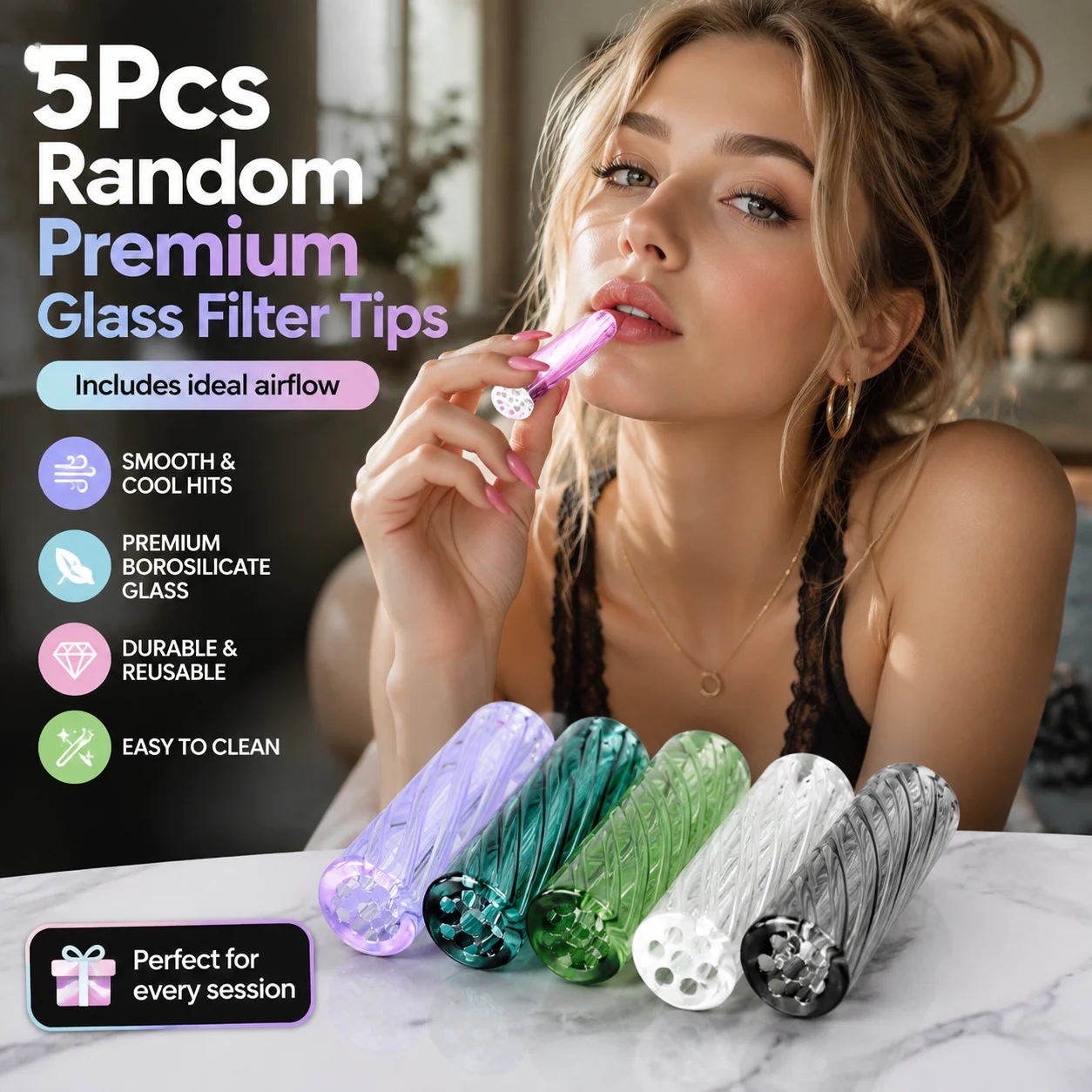 5Pcs Mini Glass Cigaret Pipe Filter Tips Round Mouth for Dry Herb Tobacco Rolling With 7 Holes Cigarette Glass Tool 7/8/12mm