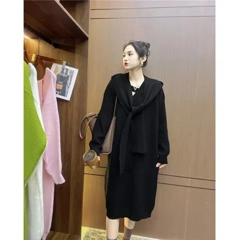 Lazy Style Loose Straight Tube Extremely Simple Style Long Sweater with Coat V-neck Knitted Dress