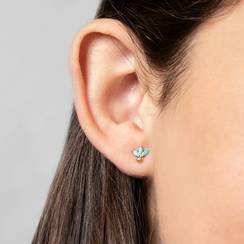 925 Sterling Silver Needle Blue Turquoise Stud Earrings for Women Luxury Blue Crystal Pendant Gold Earrings Fashion Jewelry