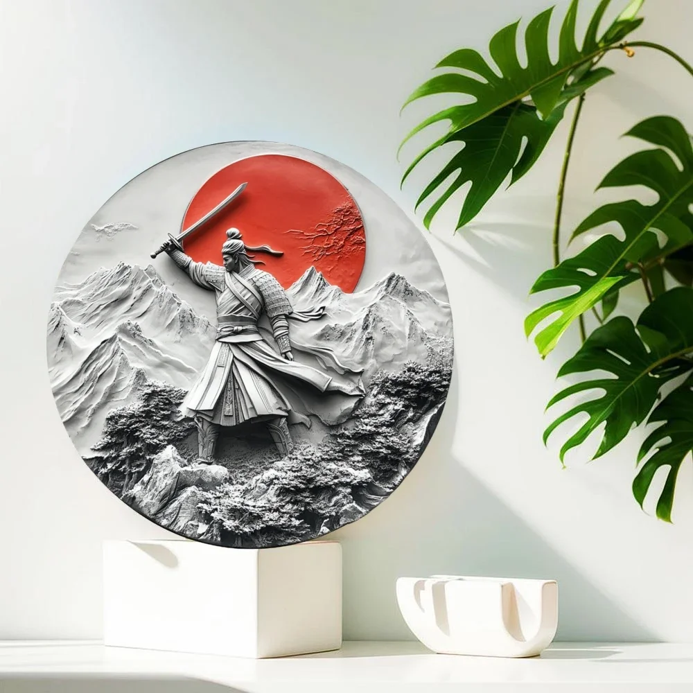 Japanese Samurai Aluminum Wall Art, Retro Style Circular Metal Logo Decoration, Suitable for Manholes, Cafes, Homes Weatherproof