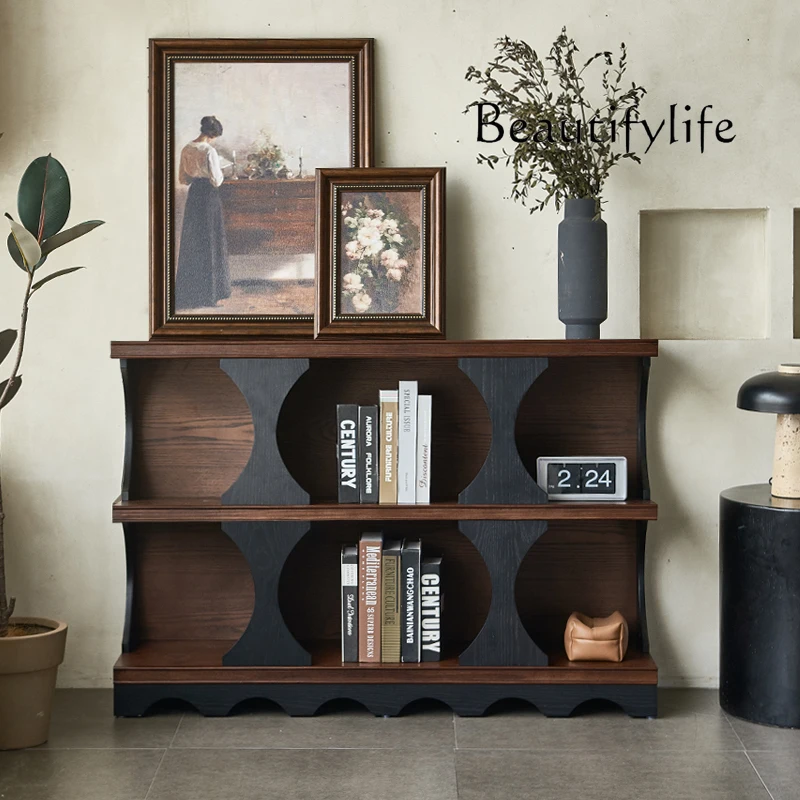 

French retro pure solid wood half-wall bookcase bookshelf combination medieval home floor-to-ceiling living room display cabinet