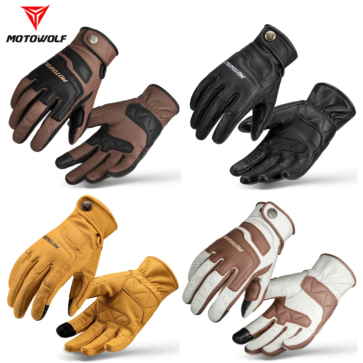 Motorcycle Gloves Leather Gloves Full Finger Touch Operation Riding Gear Accessories Retro Antique Brown Yellow Black White