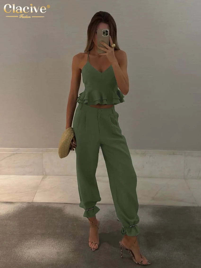 

Clacive Sexy Loose Green Cotton 2 Pieces Set Woman 2026 Summer Sleeveless Tank Top With High Waist Pencil Pants Set Streetwear