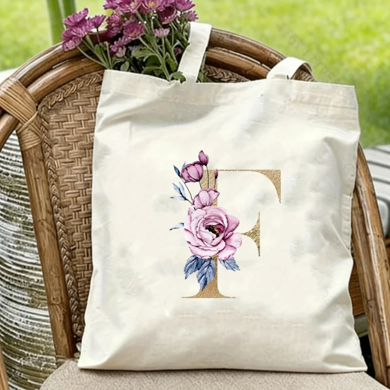 

Monogram Initial Floral Tote Bag for Women, Watercolor Peony Gold Letter Shoulder Bag, Large Personalized Tote for Daily Work