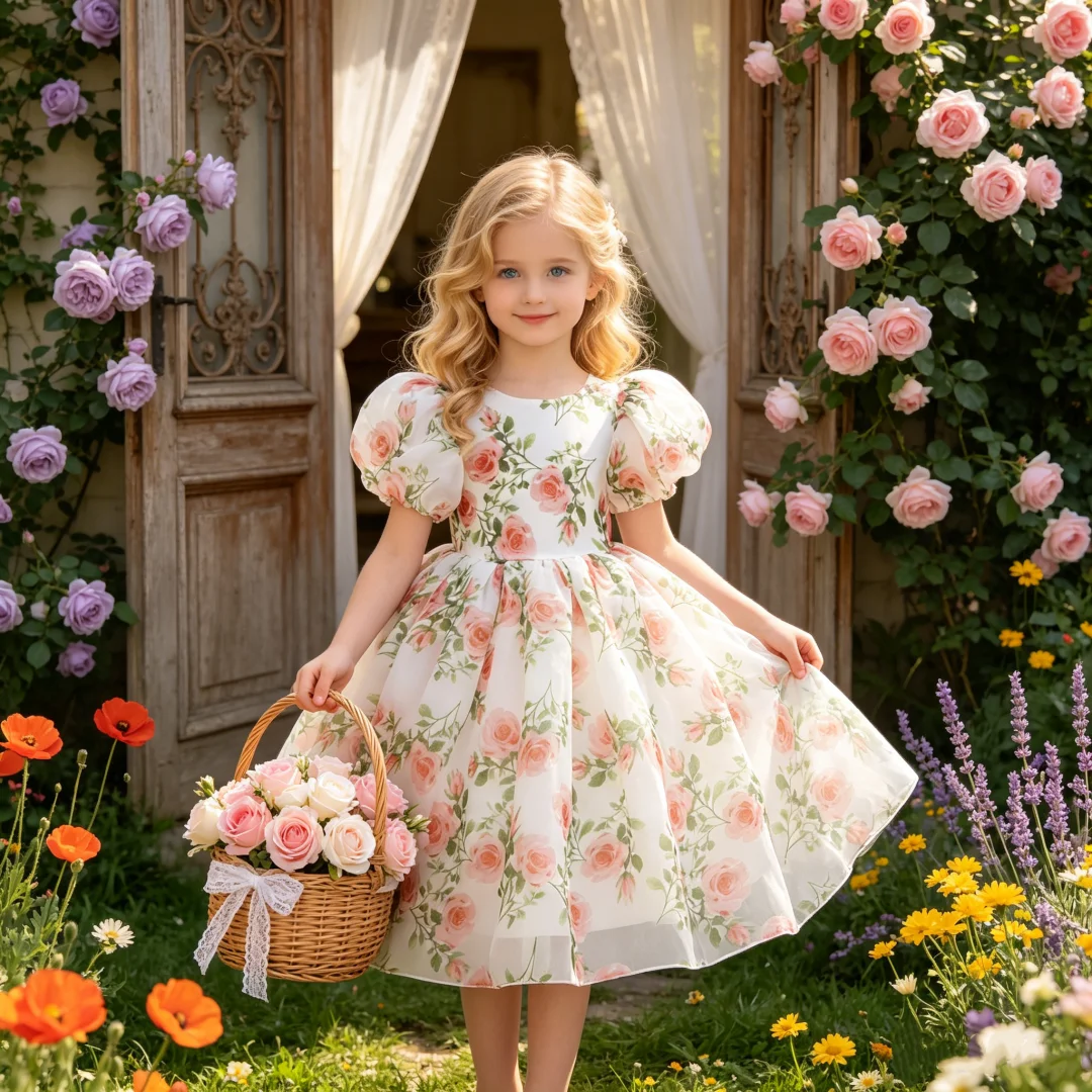 

Rural style princess dress elegant floral dress with bubble sleeves princess dress suitable for vacation travel photography