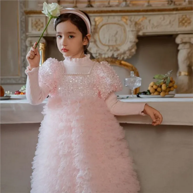 2026 Girls' Solid Color Long Sleeve Dress Children's New Trendy Puff Dress Kids' Party Princess Birthday Dress For Gift LI849