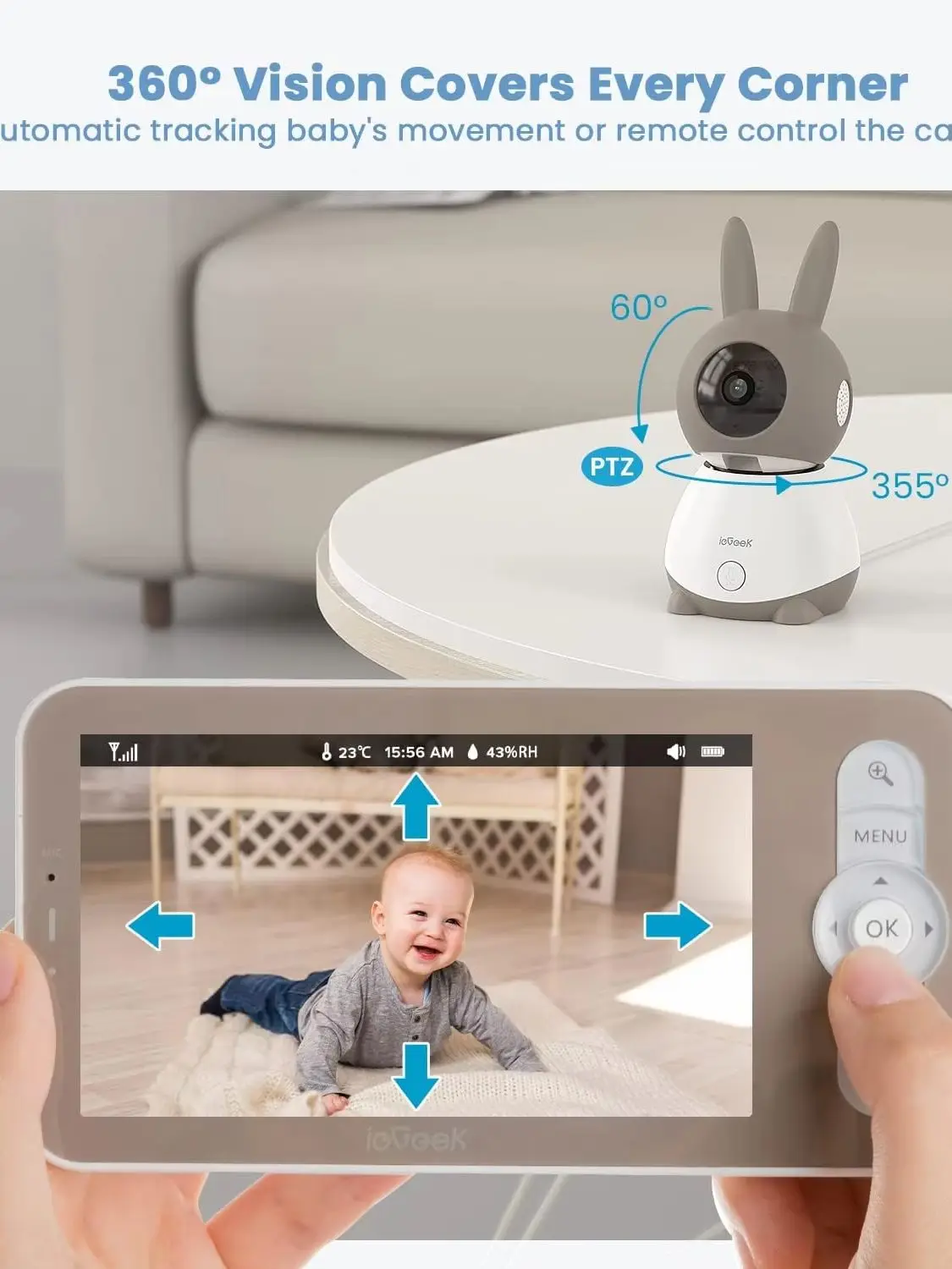 ieGeek 2K Babyphone mit 5" Bildschirm, 360 °   PTZ-Babykamera, Nachtsicht, Bewegungserkennung, Zwei-Wege-Audio, Temperatur- und Feuchtigkeitssensor für das Babyzimmer