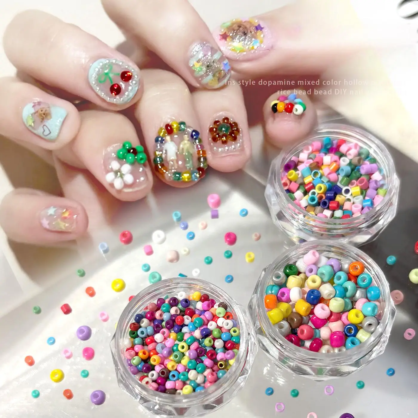 20PCS High-Transparent Glass Dopamine Mixed Color Glass Seed Nail Through Beads Hollow For Nail Embellishments Small Fittings