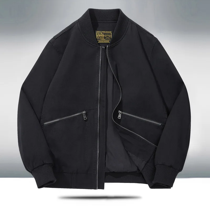 Men Cargo Jacket Autumn High Street Solid Color Male Outerwear Stand Collar Long Sleeve Zipper Pocket Man Baseball Uniform