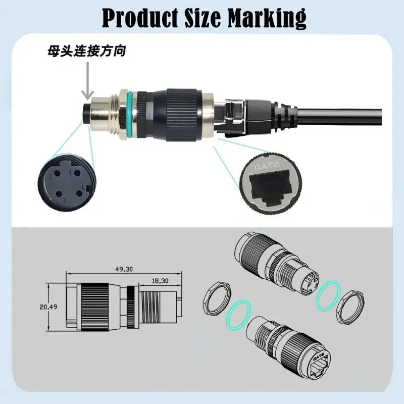 652F 12mm 8Pin to RJ45 Waterproof Adapter Industrial Networking Connector 10Gbps Data Transfer IP68 for Harsh Environment