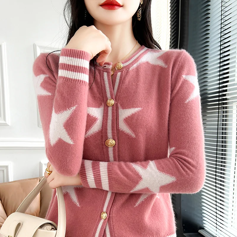 100% Pure Wool Sweater Cardigan Coat 2024 Autumn/Winter New Women\'s Round Neck Knit Cashmere Top Korean Fashion Loose Outerwears