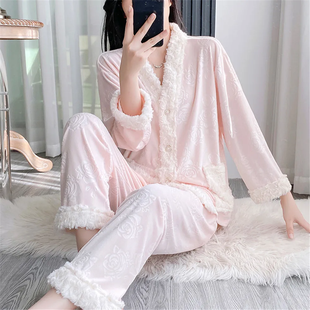 الجاكار جزيرة المخملية 2 قطعة منامة مجموعة الخريف الشتاء المرأة ملابس خاصة أنيقة القطيفة ملابس المنزل المتسكعون