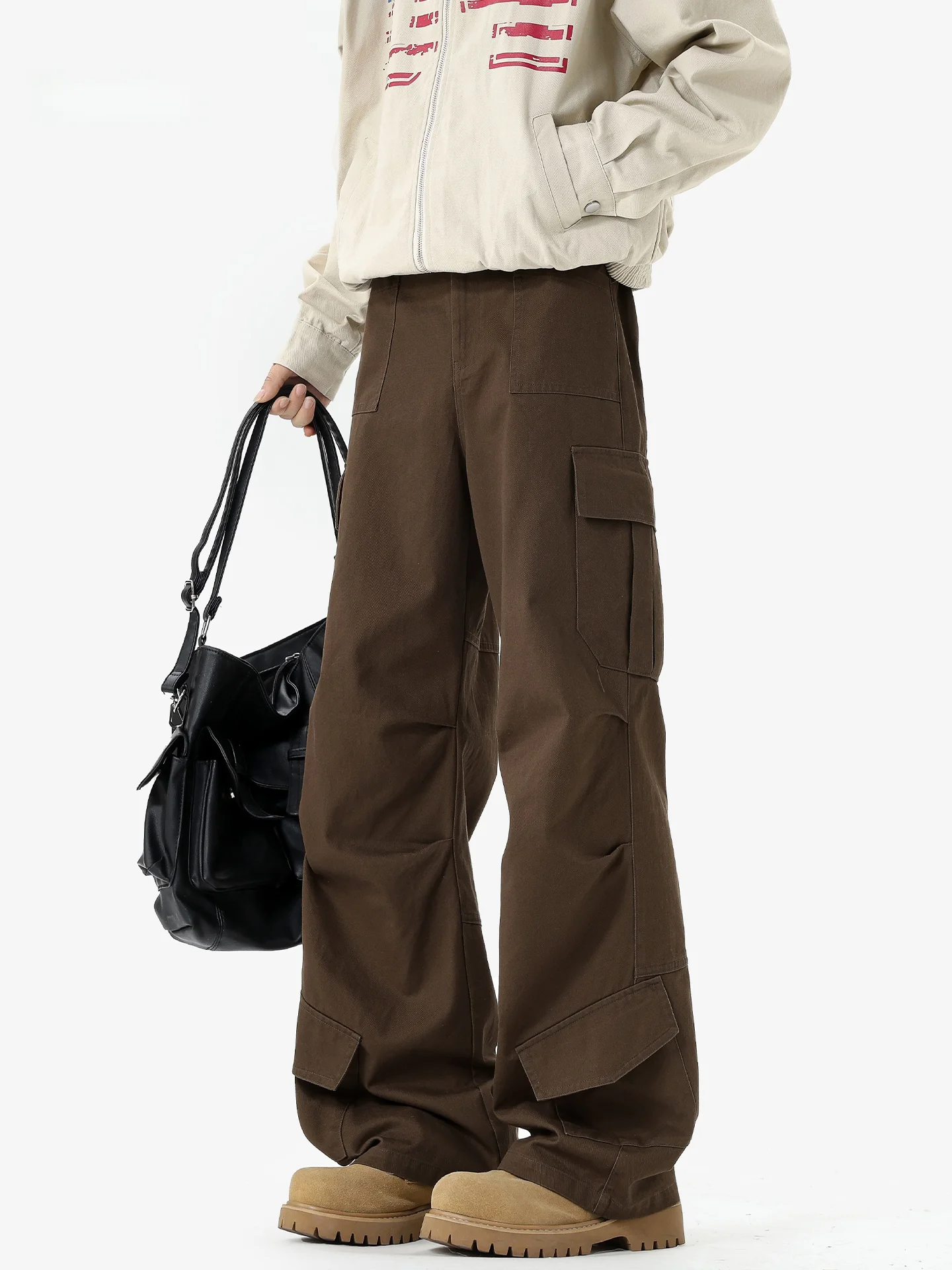 

Мужские прямые рабочие брюки цвета кофе в стиле ретро, осенне-зимние, из чистого хлопка, повседневные, широкие, с дизайнерскими карманами