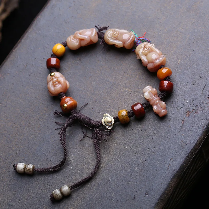 Natural Full-Grain Bone Bracelet Sanbu Monkey Tibetan-Style Weaving, Adjustable, With Copper Cloud Motif Accessories