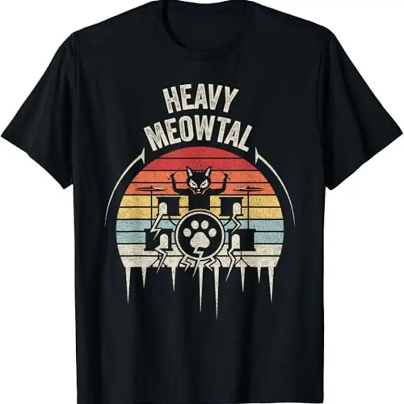Retro Vintage Heavy Metal Headbanger Drummer Cat Meowtal T Shirt