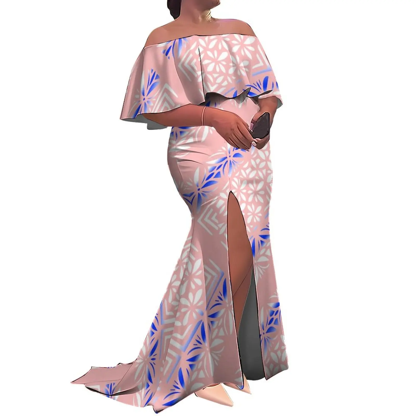 Fabrieksgroothandel op maat Hawaii dames fishtail-jurk en Nieuw-Zeelandse jurken Ruffle off-the-shoulder split zeemeermin maxi-jurk