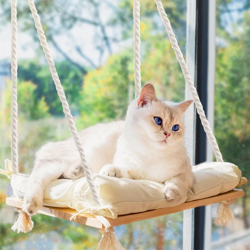 ​Cat Solid Wood Hammock Bed 4 Heavy Duty Suction Cups Plush Cushion Indoor Pet Bed for Small Large Cats​