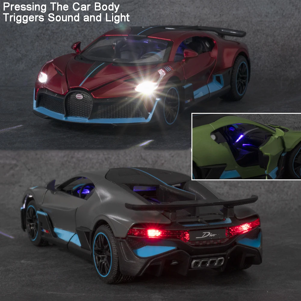 1:32 Scale DIVO CHIRON Supercar Model Toys Metal Diecast Sports Cars Sound Light Doors Opened Pull Back Toy Models for Kids Gift