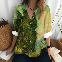 Women's Fashion Long Sleeved Shirt Van Gogh Oil Painting Printed Pattern T-shirt Loose Button Top Clothing Party Trend Shirt