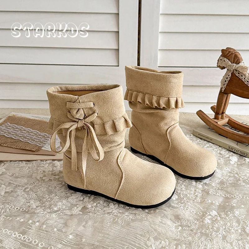 Ruffles Lace Up Suede Leather Boots Kid Girl Winter Warm Plush Mid-Calf Slip-on Booties Baby Child Bowknot Design Fur Botas