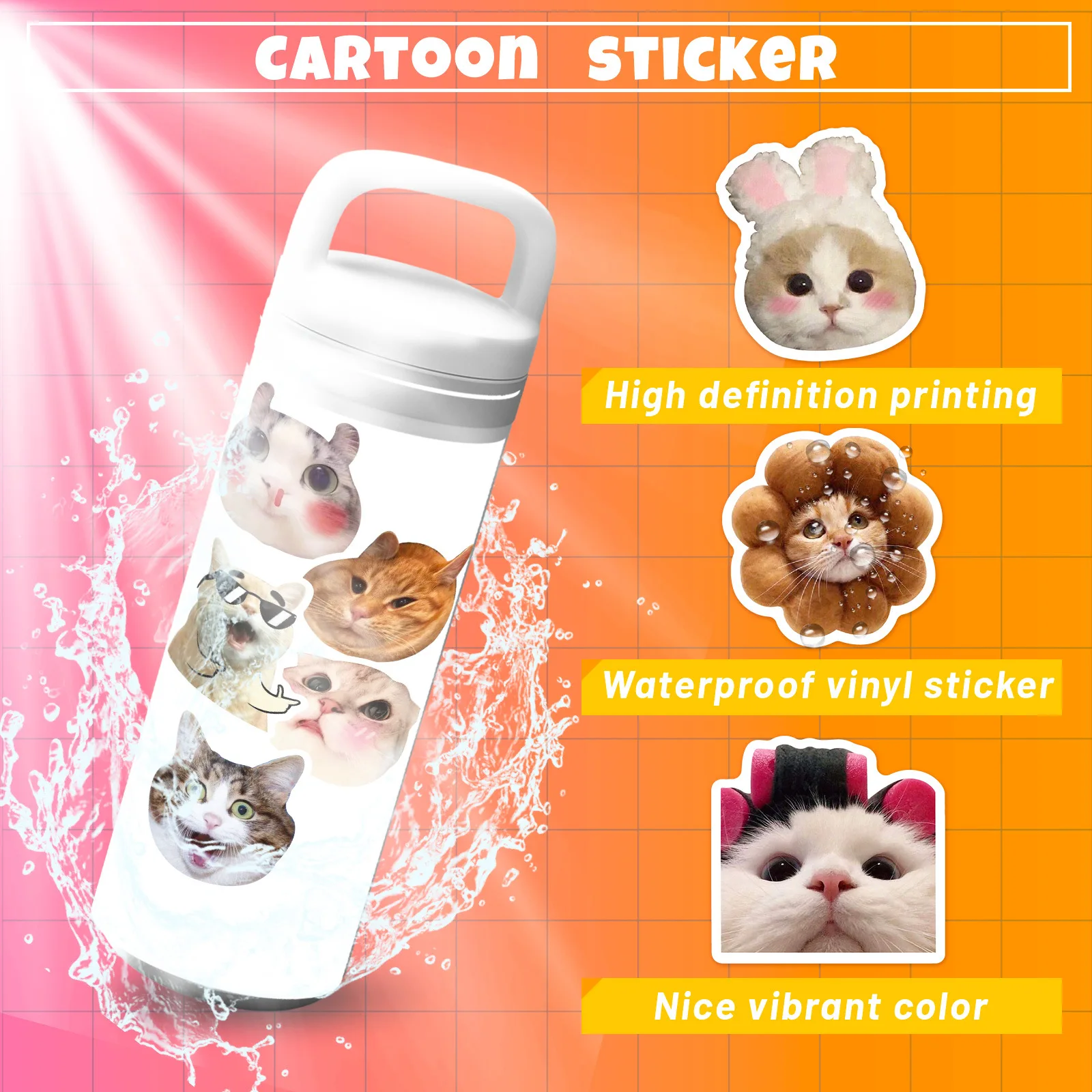 50pcs Funny Cat Stickers for Water Bottles| Kawaii Stickers Pack| Cute Cat Waterproof Stickers for Laptop phone