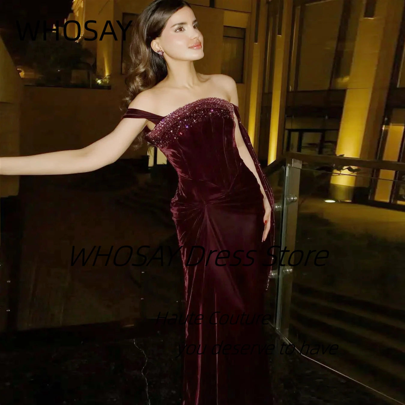 

WHOSAY Customized Burgundy Prom Dresses Beaded Off Shoulder Celebrity Women Special Occasion Wear Long Elegant Evening Gowns