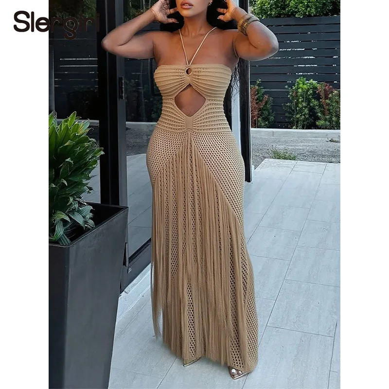 Slergiri Sexy Hollow Out Knitted Bikini Cover Up Women Fashion New 2026 Summer Vacation Backless Lace-up Tassel Beach Dress