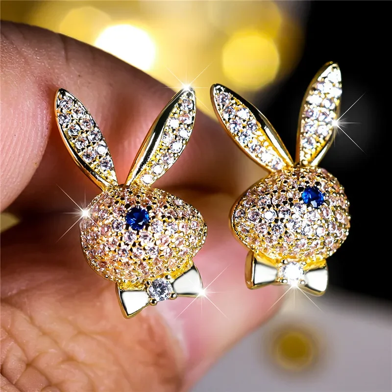 20242024 Female Crystal Blue Rabbit Animal Stud Earrings For Women New fashion Vintage Gold Color Wedding Fashion Jewelry