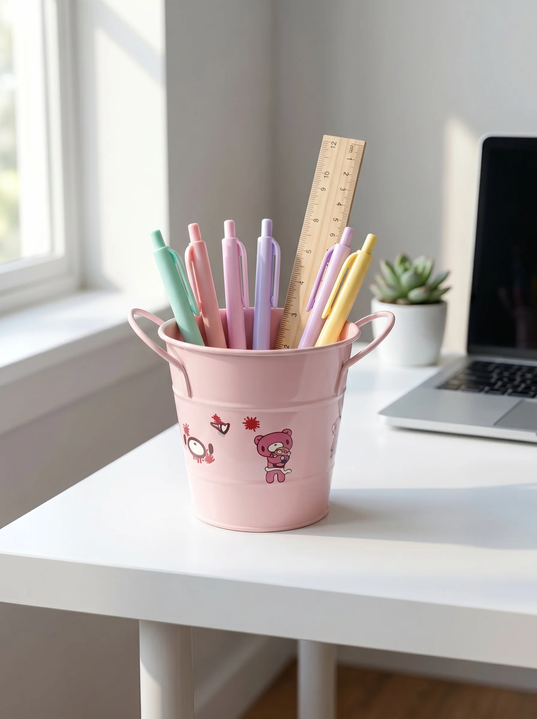 Kawaii Bear Metal Storage Bucket Pink Mini Tin Pail With Handles Stationery Makeup Organizer Room Aesthetic Decor