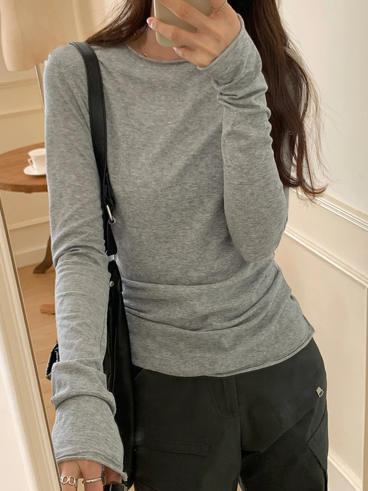 Spring Autumn T Shirt Women Tops Solid Long Sleeve Ruched O Neck Tshirts Female Korean Casual Streetwear High Quality Base Tees