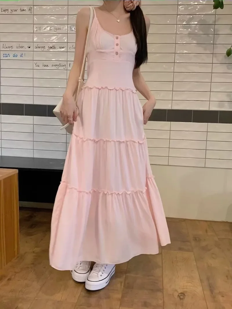 

Summer Women Pink Ruffle Long Dress Korean French Fairy Elegant Chic Evening Dress Sleeveless Slim Fit Sweet Camis Dress Платье