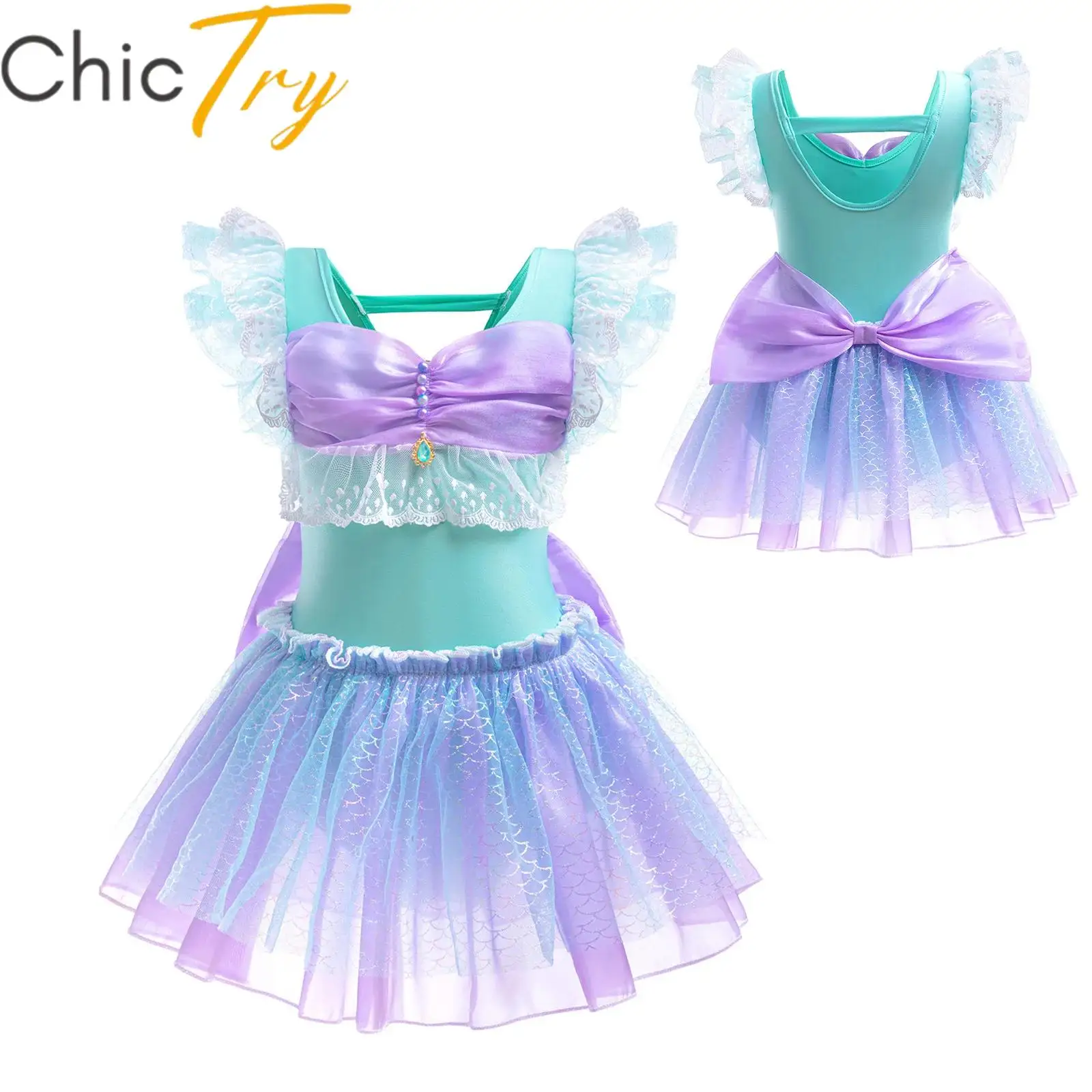

Kids Girls Mermaid Cosplay Costume Halloween Dress One Piece Swimwear Tiered Flutter Sleeve Fish Scales Swimsuit Bathing Suit