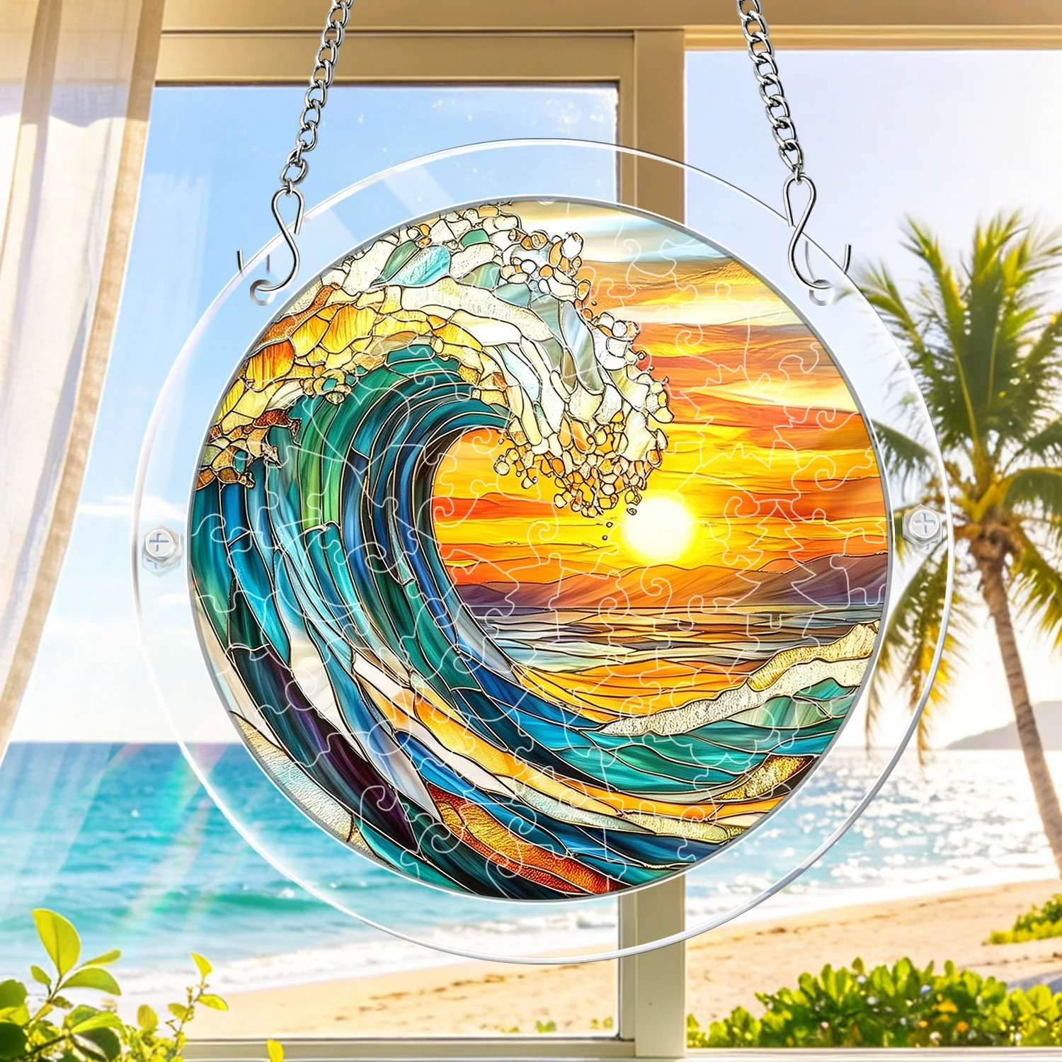 

Round Coastal Beach Sunset Suncatcher Acrylic Wave Coconut Tree Window Hanging Pendant Outdoor Garden Home Decor Holiday Gift