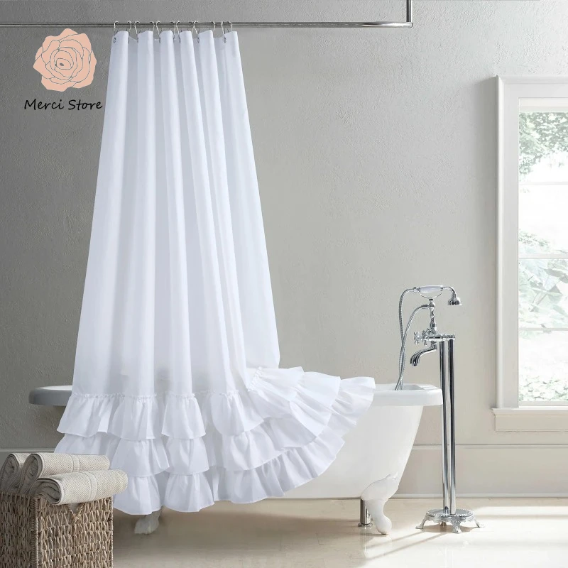 

Ruffled White Boho Modern Polyester Waterproof Fabric Solid Decoratived Farmhouse Shower Curtain