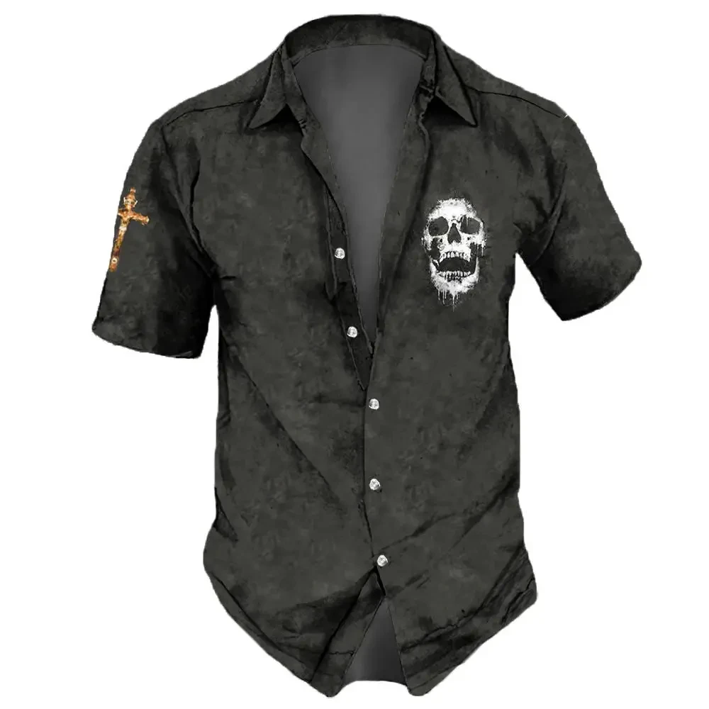 Vintage Men\'s Shirts Short Sleeve Skull Print Shirts For Men Oversized Cool Button Up Shirt Men Classic Cross Print Men Clothing