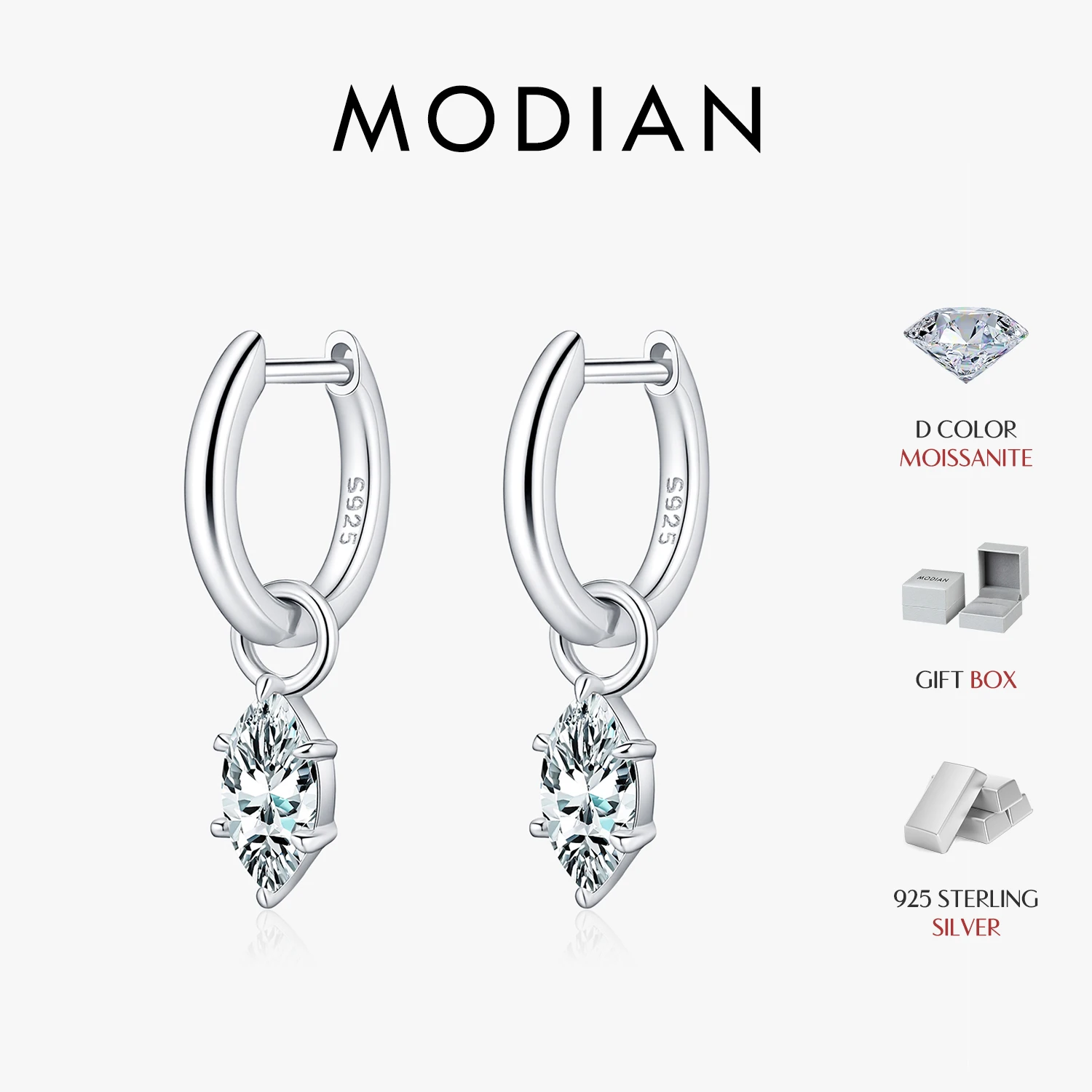

MODIAN 925 Sterling Sliver 1CT Marquise Cut D Color Moissanite Swing Hoop Earrings For Women Fine Jewelry Gifts