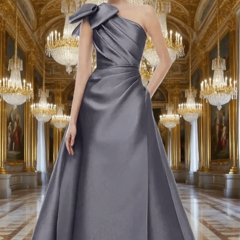 

Satin Elegant Evening Dress A-line One-shoulder Prom Gown Floor Length Pleated Luxury Pretty Wedding Party Dress Customized