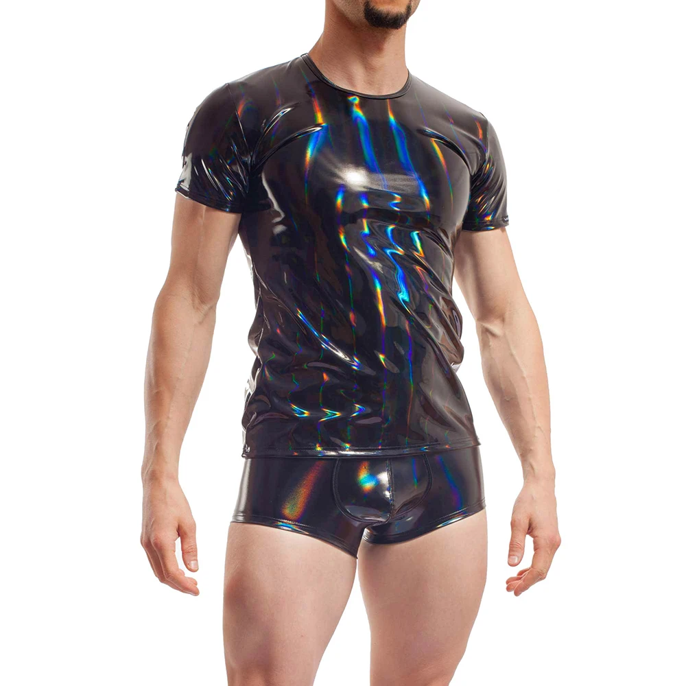 Shiny PVC Shiny Holographic Laser Black Shirt for Men, Short Sleeve, Slim, Round Neck Blouse, Tops, Clubwear T-Shirts, 7XL