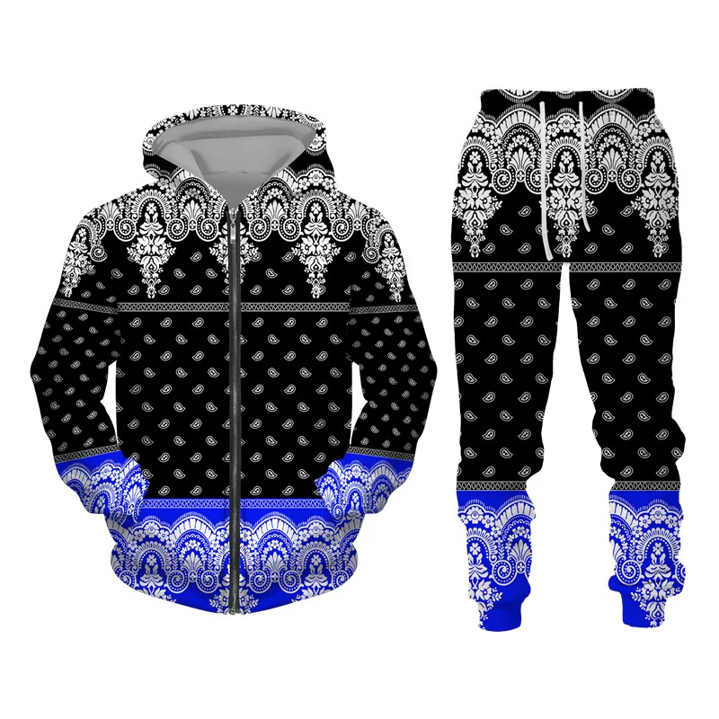 Tracksuit For Men 3D Bandanna Printed Zip Hoodie + Pants Suit Cool Men 2 Pcs Sportwear Casual Hoodies Set Autumn Men's Clothing