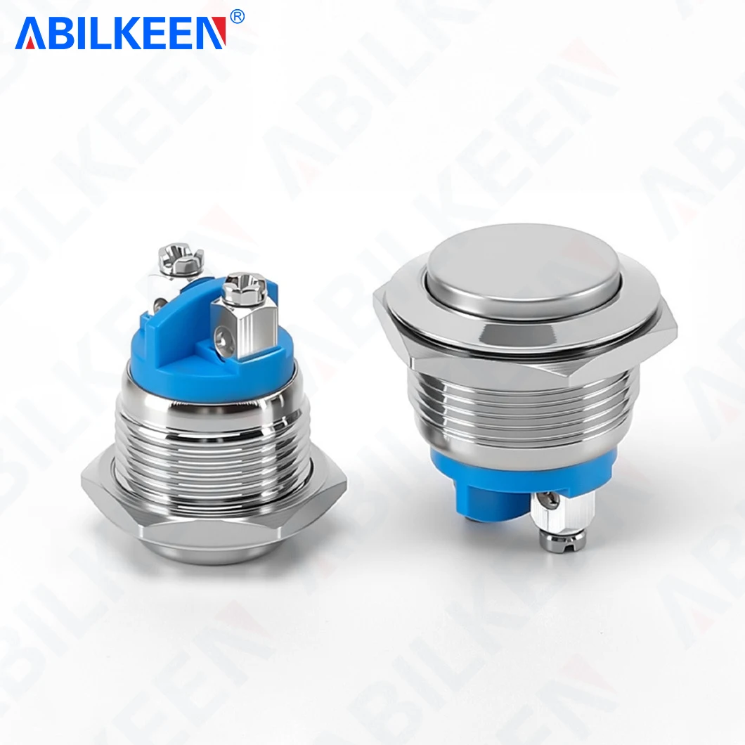 ABILKEEN 19MM 1NO Momentary Metal Push Button Switch Flat/Convex Head Push Button Switch 3~250VAC 3A with 2Pin Screw Terminal