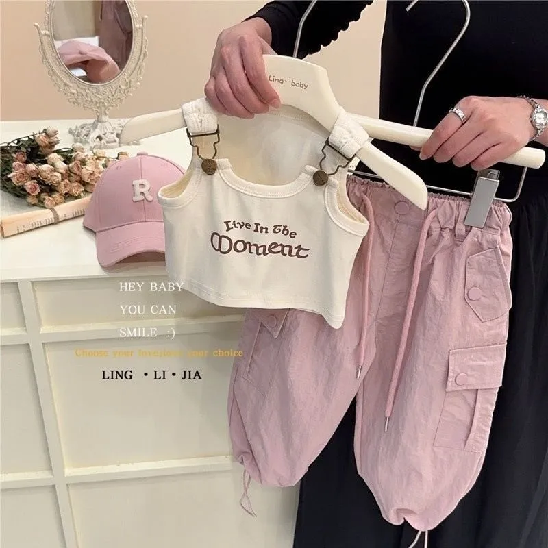 Children's Clothing sets For 2-7 Years Beige Camisole Top & Pink Work Pants 2 Pcs Stylish Kids Daily Casual Summer Girl's Outfit