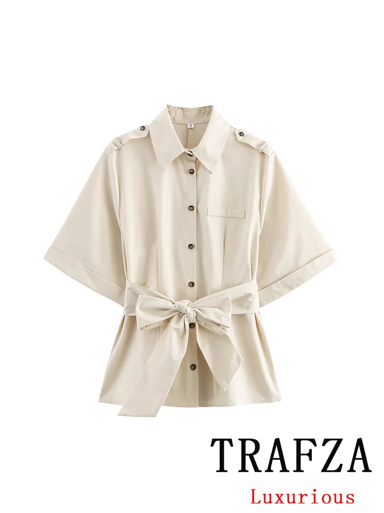 

TRAFZA Casual Office Lady Women Shirts Sashes Bow Short Sleeve Turn-down Collar Blouse Fashion 2025 Summer Elegant Shirts Tops