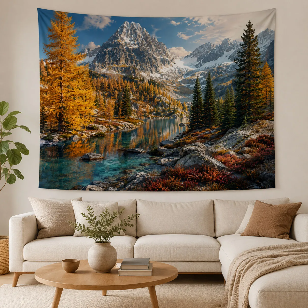 Alpine Mountain Lake Tapestry Autumn Forest Landscape Wall Hanging Nature Scenic Wall Art Bedroom